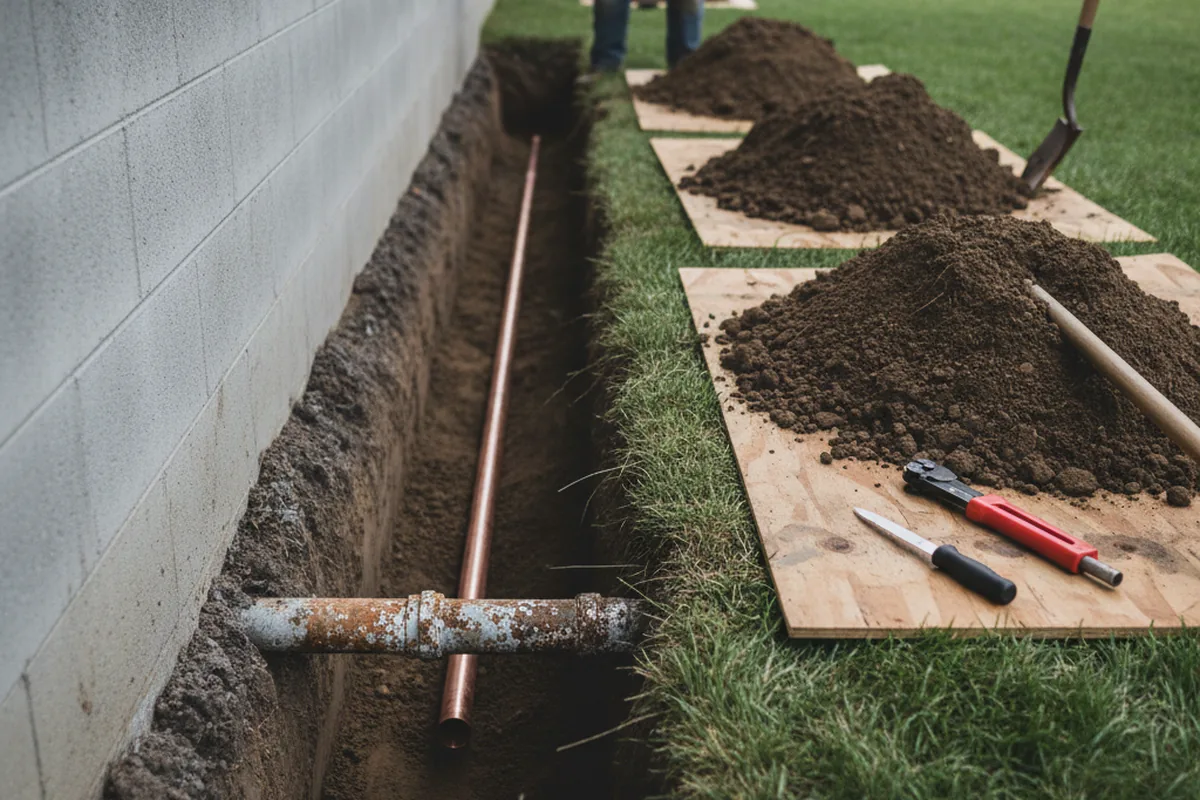 Excavated water line trench during Sewer Line Repair in San Francisco